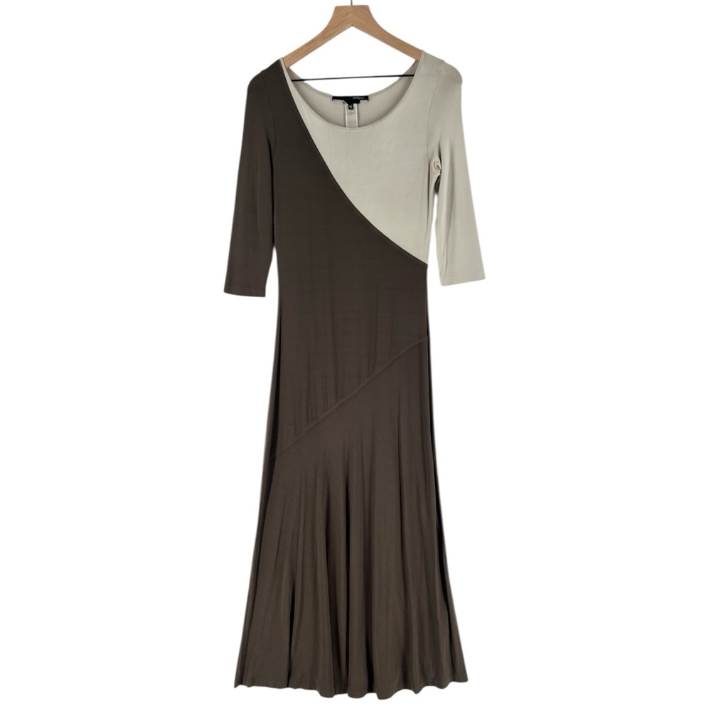 Les Copains Color Block Slinky‎ Stretch Liquid Jersey Knit 3/4 Sleeve Maxi Dress
